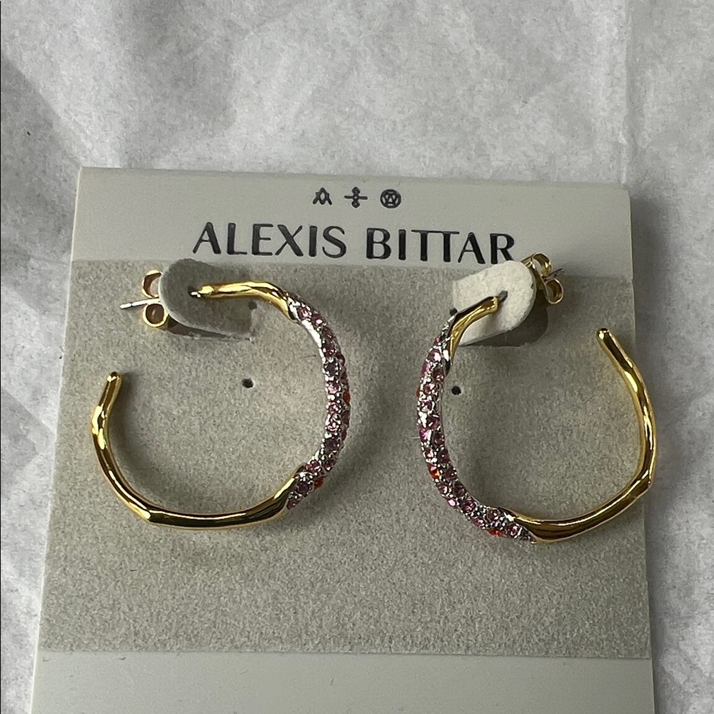 Alexis Bittar Gold and Pink Textured Hoop Earrings